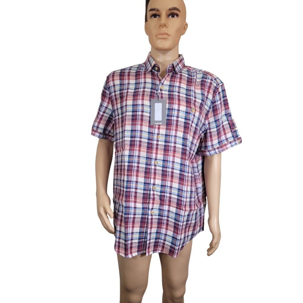 Murano Men's Shirt Size XL Red Plaid Short Sleeve Button Up  Linen  New 35